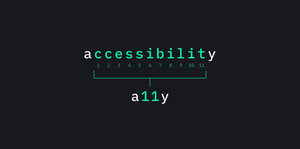 The word "Accessibility" highlighted in color and numbered with 11 letters between the first and last characters. The letters are joined by a curly brace with the caption "a11y" below it.