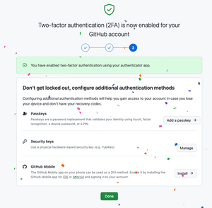 Page with congratulations on successfully setting up two-factor authentication and additional settings.