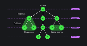 Visualization of the tree data structure, including the names of the elements. The tree has four levels. It starts with the root, which has sub-trees with children, parents, and siblings.